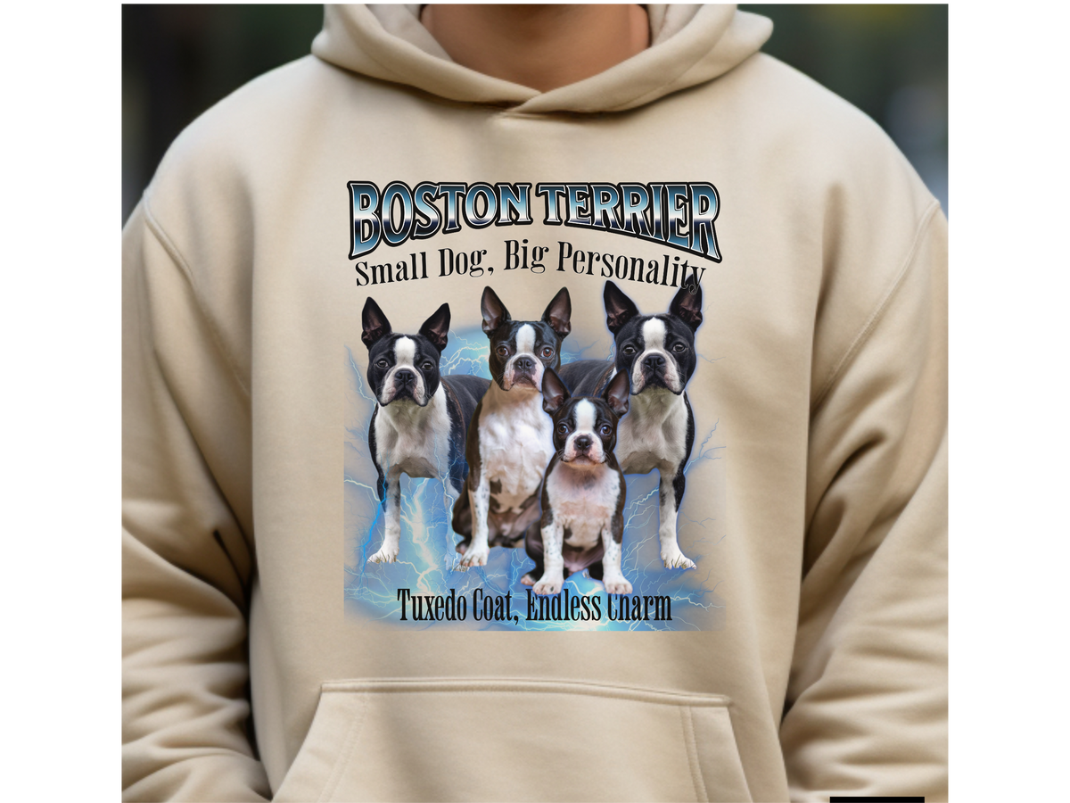 Boston Terrier Bootleg Collage Hoodie – Small Dog, Big Personality | Unisex Dog Lover Pullover