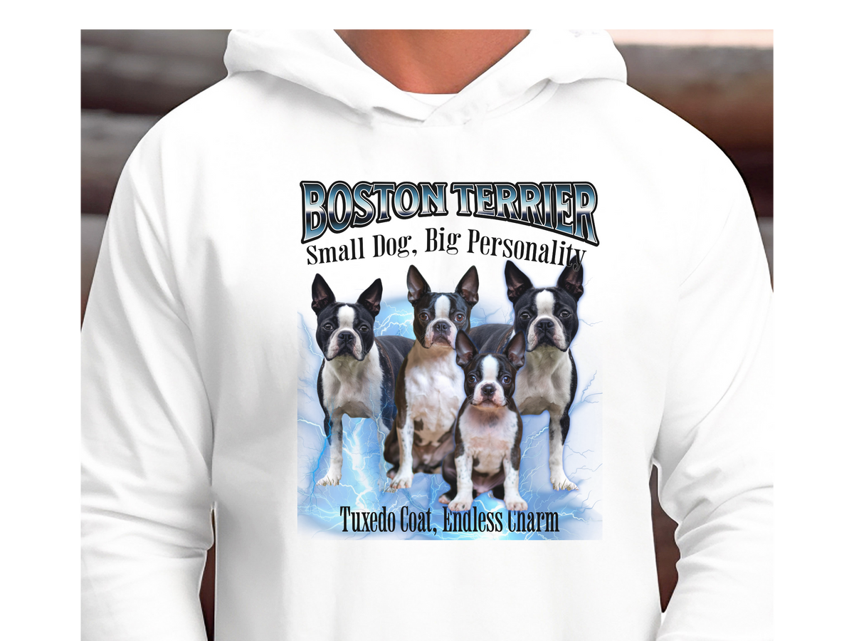 Boston Terrier Bootleg Collage Hoodie – Small Dog, Big Personality | Unisex Dog Lover Pullover
