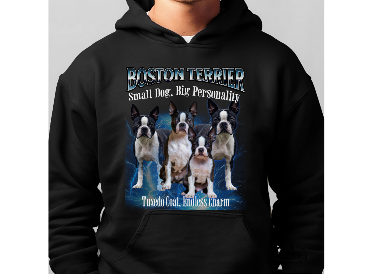 Boston Terrier Bootleg Collage Hoodie – Small Dog, Big Personality | Unisex Dog Lover Pullover