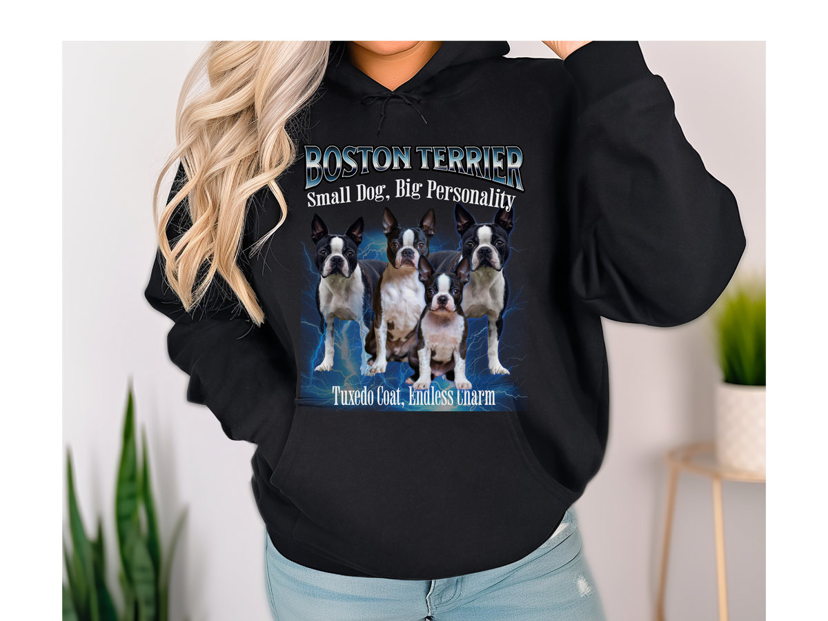 Boston Terrier Bootleg Collage Hoodie – Small Dog, Big Personality | Unisex Dog Lover Pullover