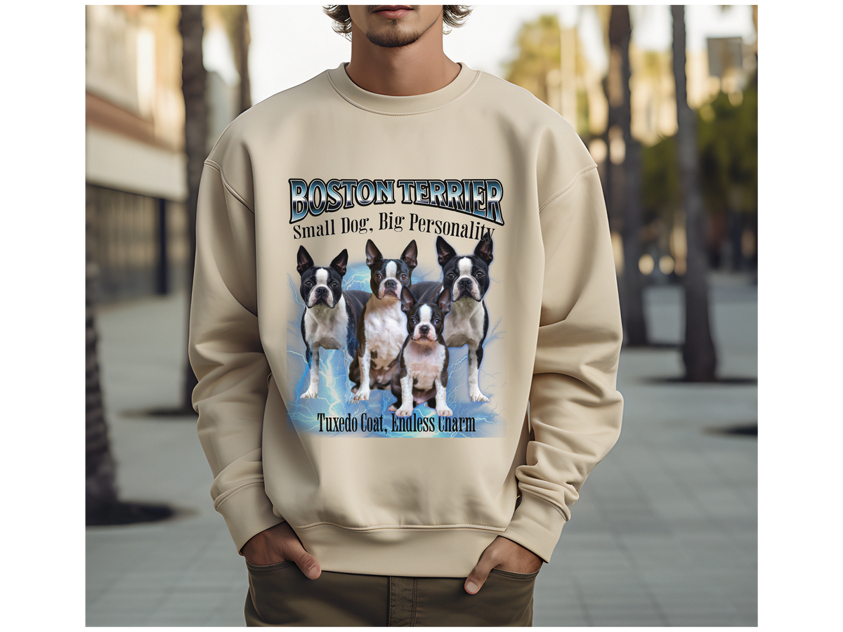 Boston Terrier Bootleg Collage Sweatshirt – Small Dog, Big Personality | Unisex Dog Lover Pullover