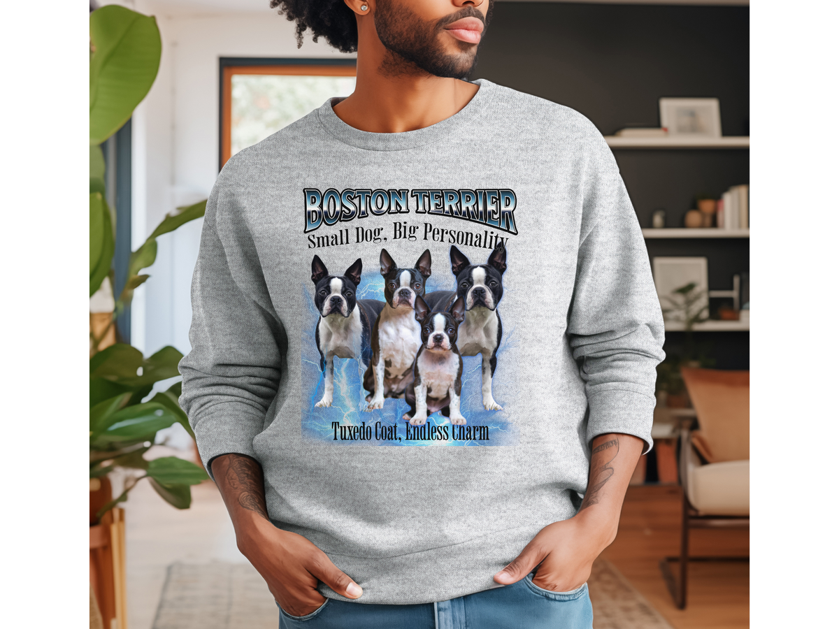 Boston Terrier Bootleg Collage Sweatshirt – Small Dog, Big Personality | Unisex Dog Lover Pullover