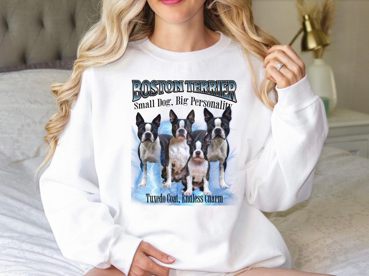 Boston Terrier Bootleg Collage Sweatshirt – Small Dog, Big Personality | Unisex Dog Lover Pullover