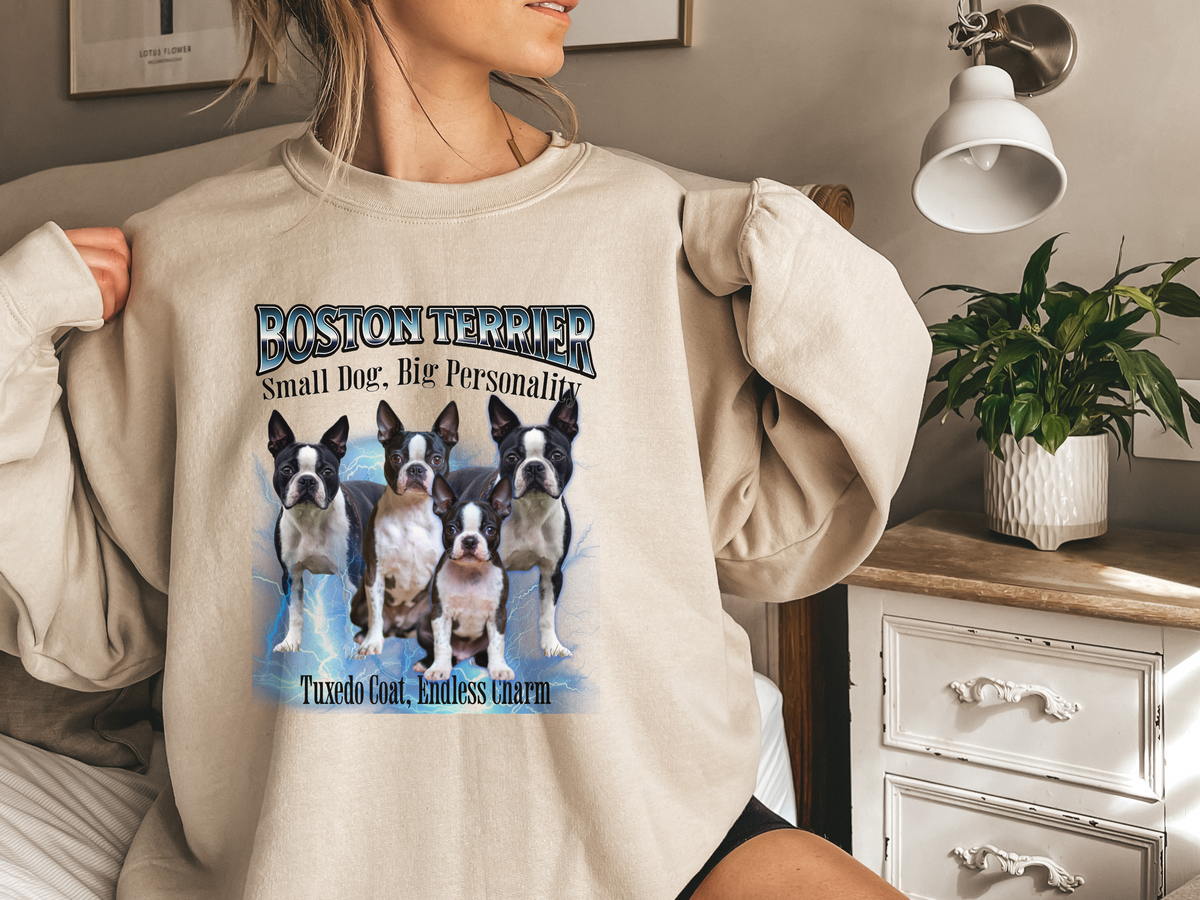 Boston Terrier Bootleg Collage Sweatshirt – Small Dog, Big Personality | Unisex Dog Lover Pullover