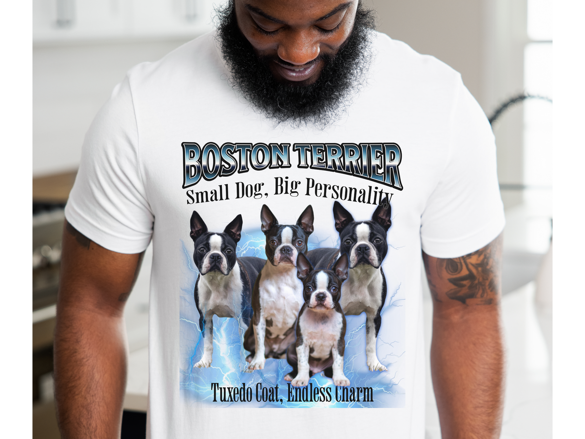 Boston Terrier Bootleg Collage T-Shirt – Small Dog, Big Personality Unisex Dog Lover Tee
