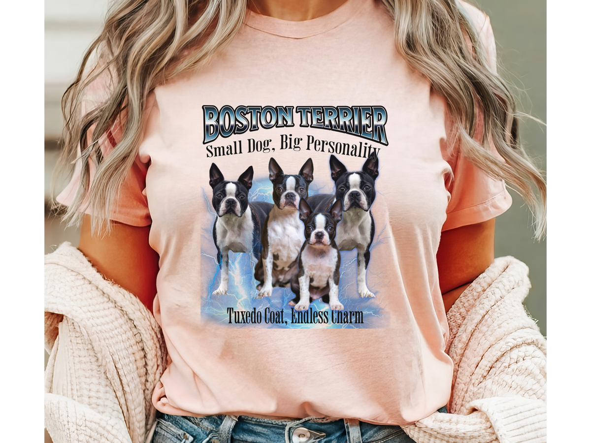 Boston Terrier Bootleg Collage T-Shirt – Small Dog, Big Personality Unisex Dog Lover Tee