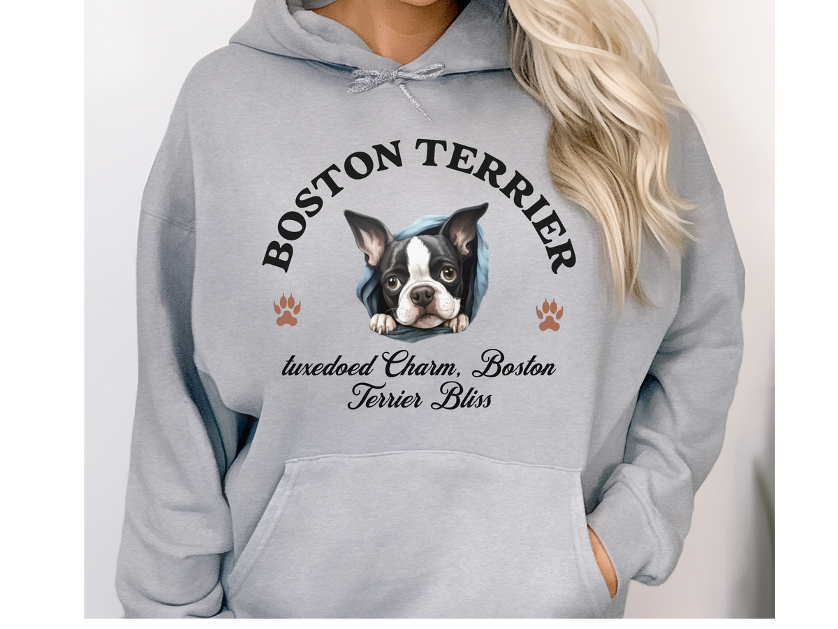 Boston Terrier Dog Hoodie – "Tuxedoed Charm, Boston Terrier Bliss" | Unisex Cute & Cozy Dog Sweatshirt
