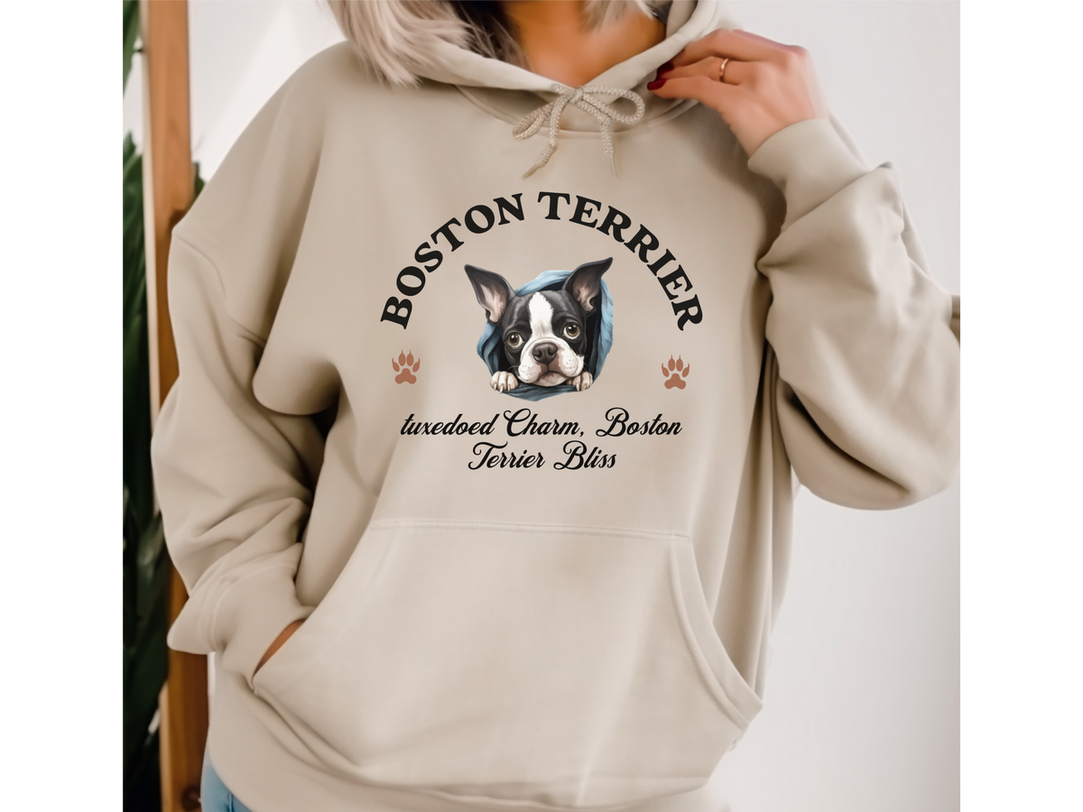 Boston Terrier Dog Hoodie – "Tuxedoed Charm, Boston Terrier Bliss" | Unisex Cute & Cozy Dog Sweatshirt