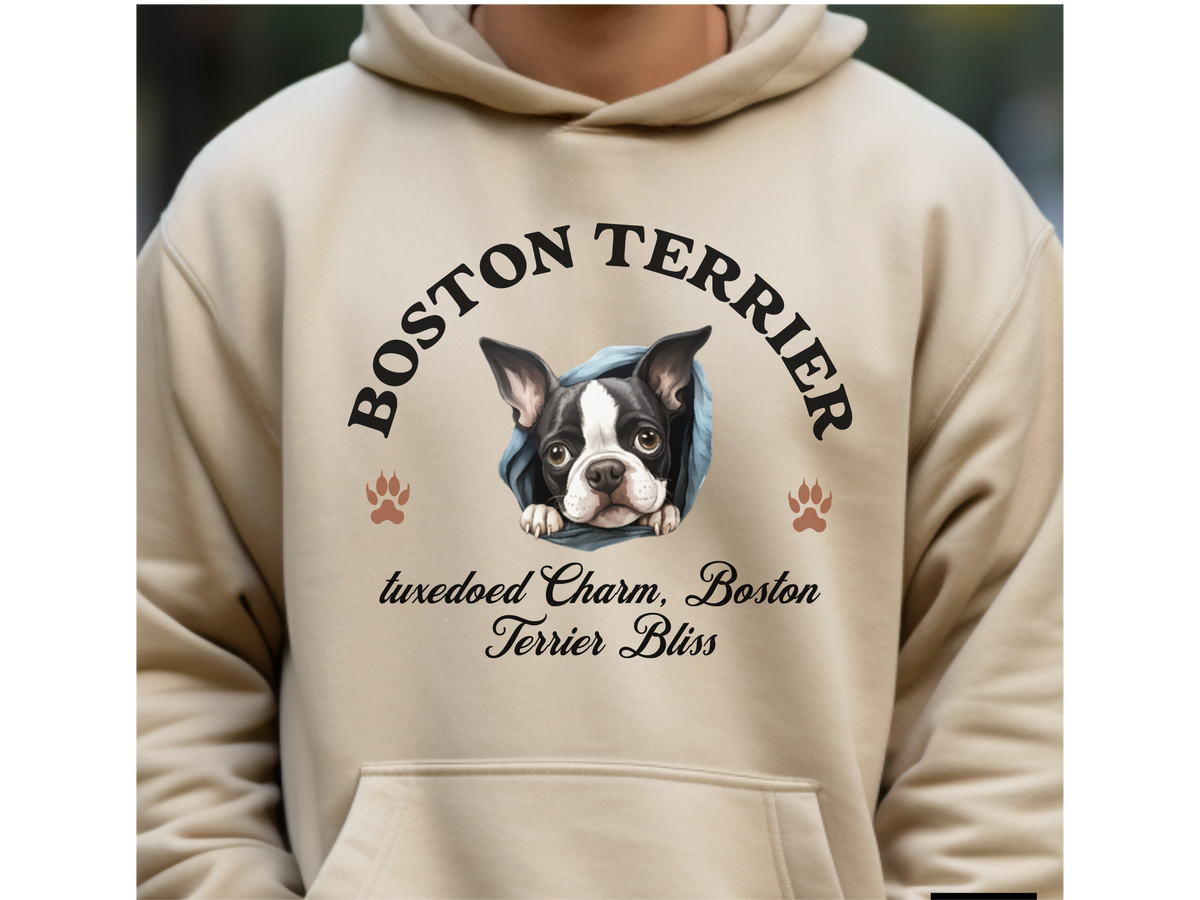 Boston Terrier Dog Hoodie – "Tuxedoed Charm, Boston Terrier Bliss" | Unisex Cute & Cozy Dog Sweatshirt