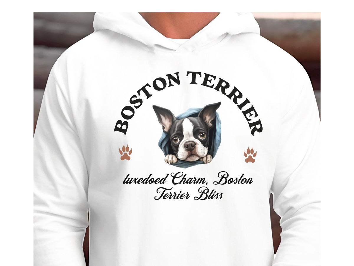 Boston Terrier Dog Hoodie – "Tuxedoed Charm, Boston Terrier Bliss" | Unisex Cute & Cozy Dog Sweatshirt