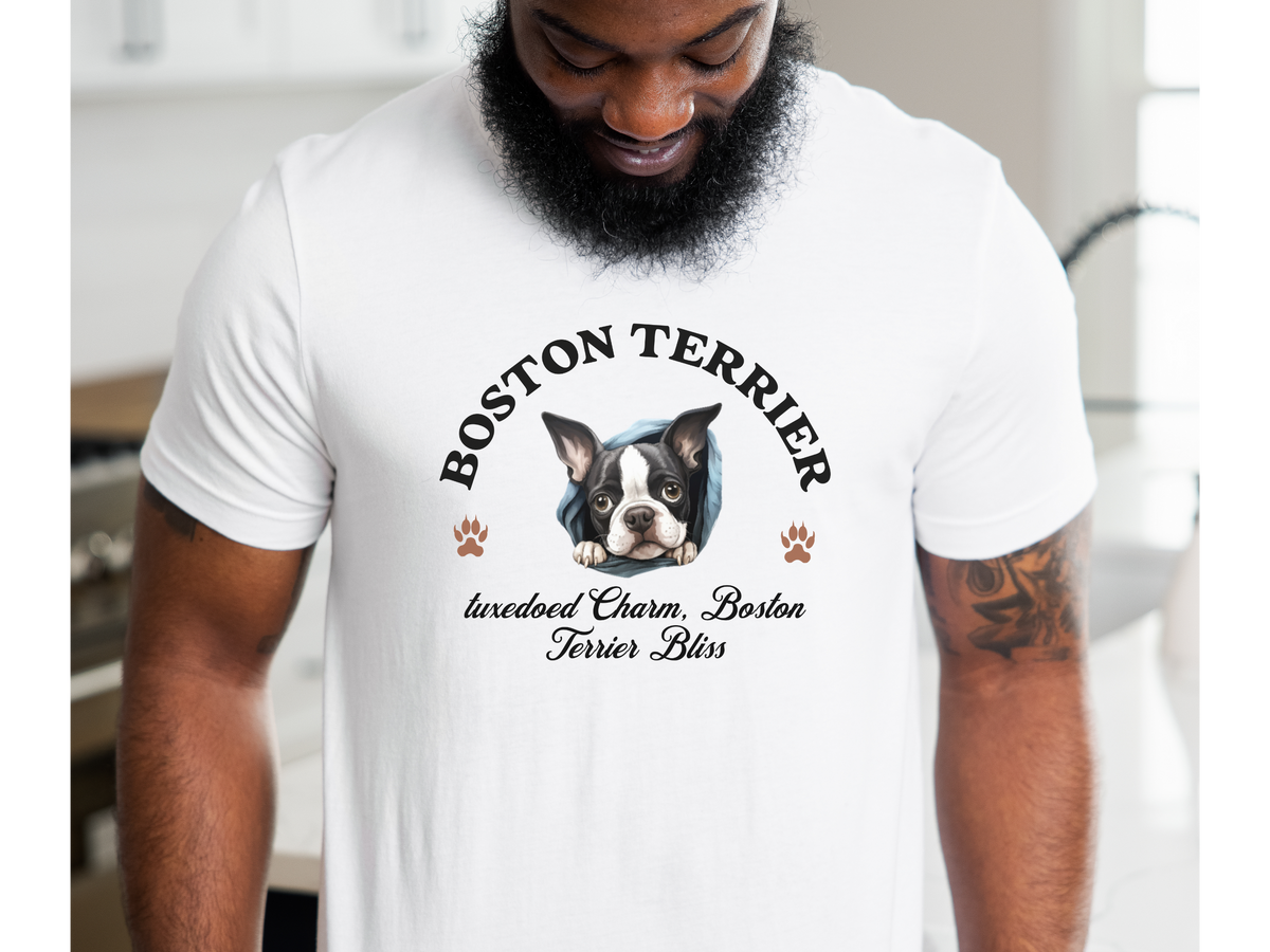 Boston Terrier T-Shirt – Unisex Tee with “Tuxedoed Charm, Boston Terrier Bliss” Slogan | Cute Dog Lover Gift