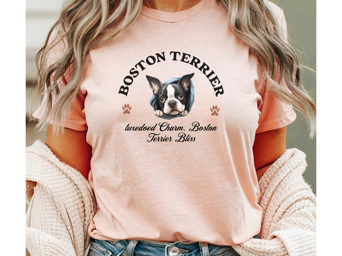 Boston Terrier T-Shirt – Unisex Tee with “Tuxedoed Charm, Boston Terrier Bliss” Slogan | Cute Dog Lover Gift