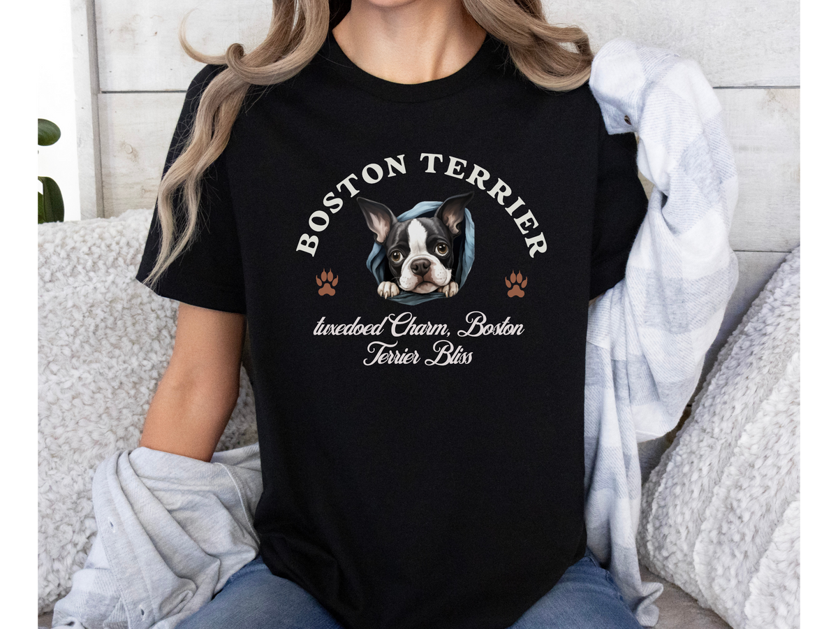 Boston Terrier T-Shirt – Unisex Tee with “Tuxedoed Charm, Boston Terrier Bliss” Slogan | Cute Dog Lover Gift