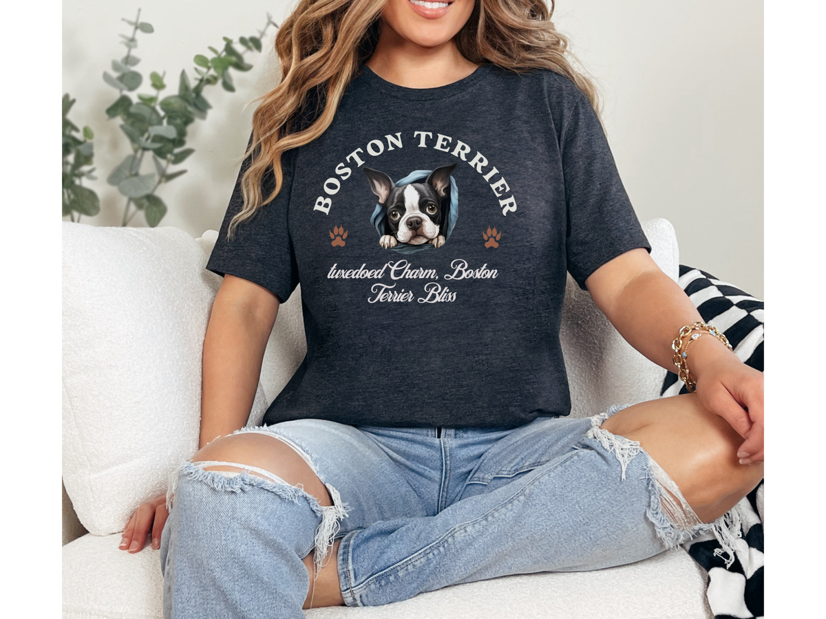 Boston Terrier T-Shirt – Unisex Tee with “Tuxedoed Charm, Boston Terrier Bliss” Slogan | Cute Dog Lover Gift