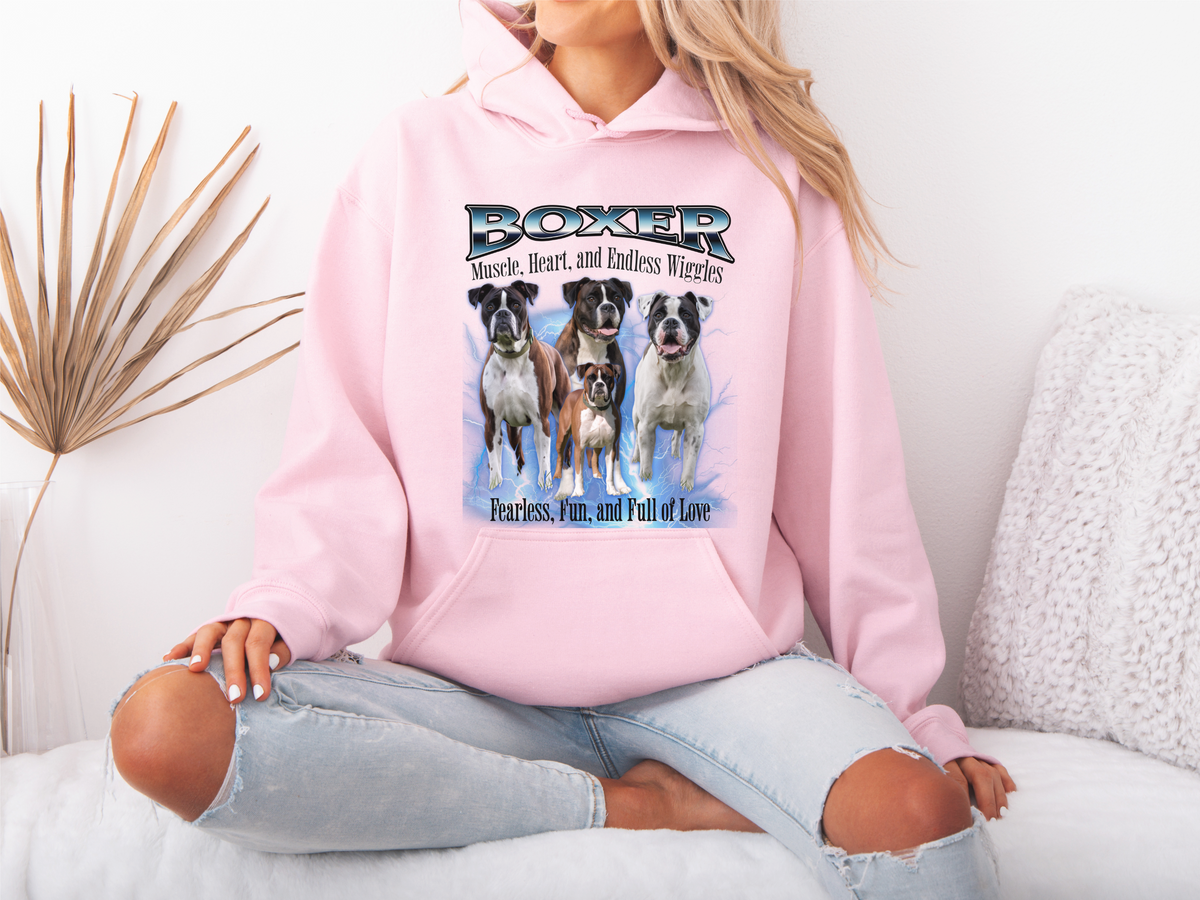 Boxer Bootleg Collage Hoodie – Muscle, Heart, and Endless Wiggles | Unisex Dog Lover Pullover
