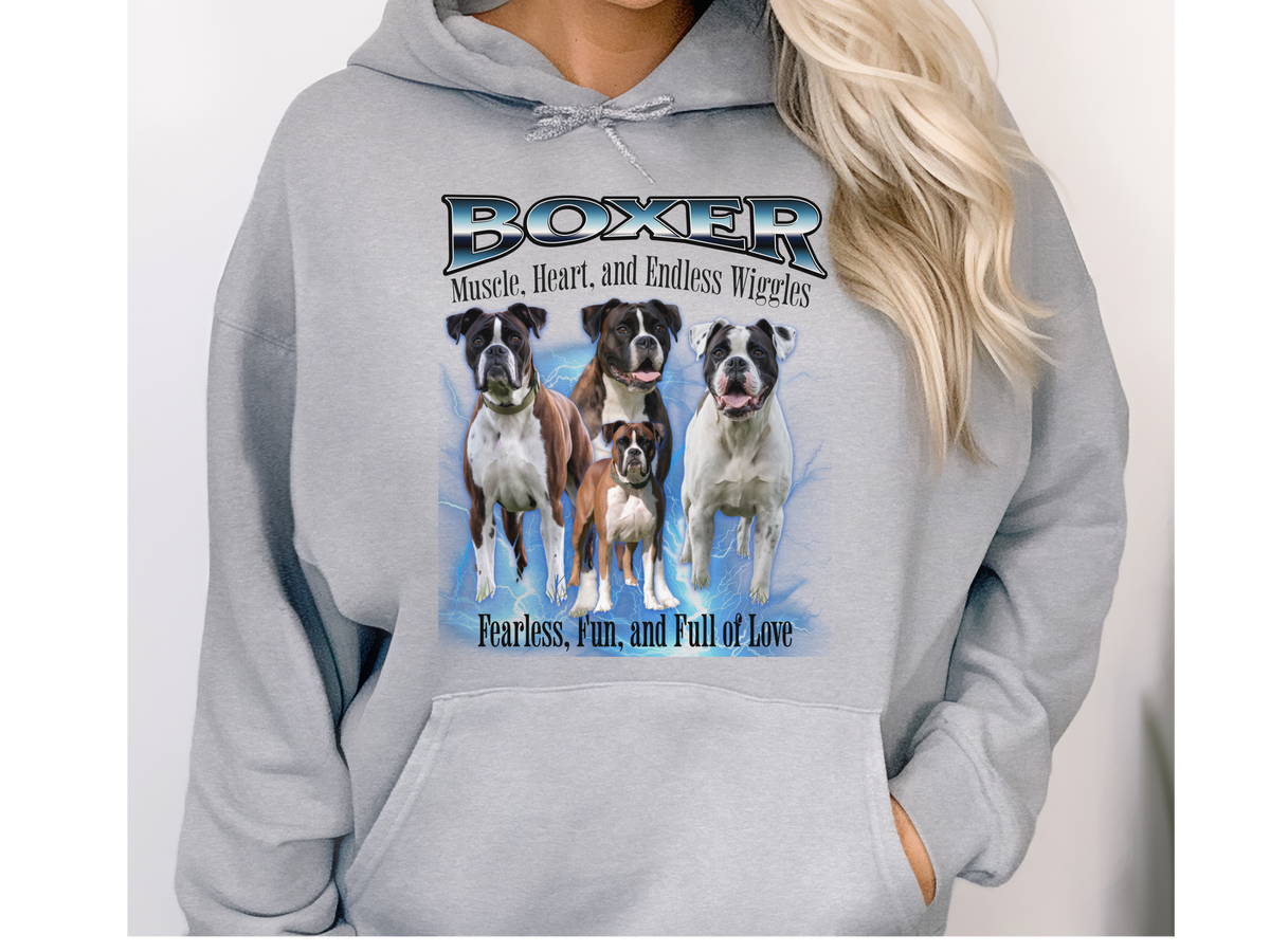 Boxer Bootleg Collage Hoodie – Muscle, Heart, and Endless Wiggles | Unisex Dog Lover Pullover