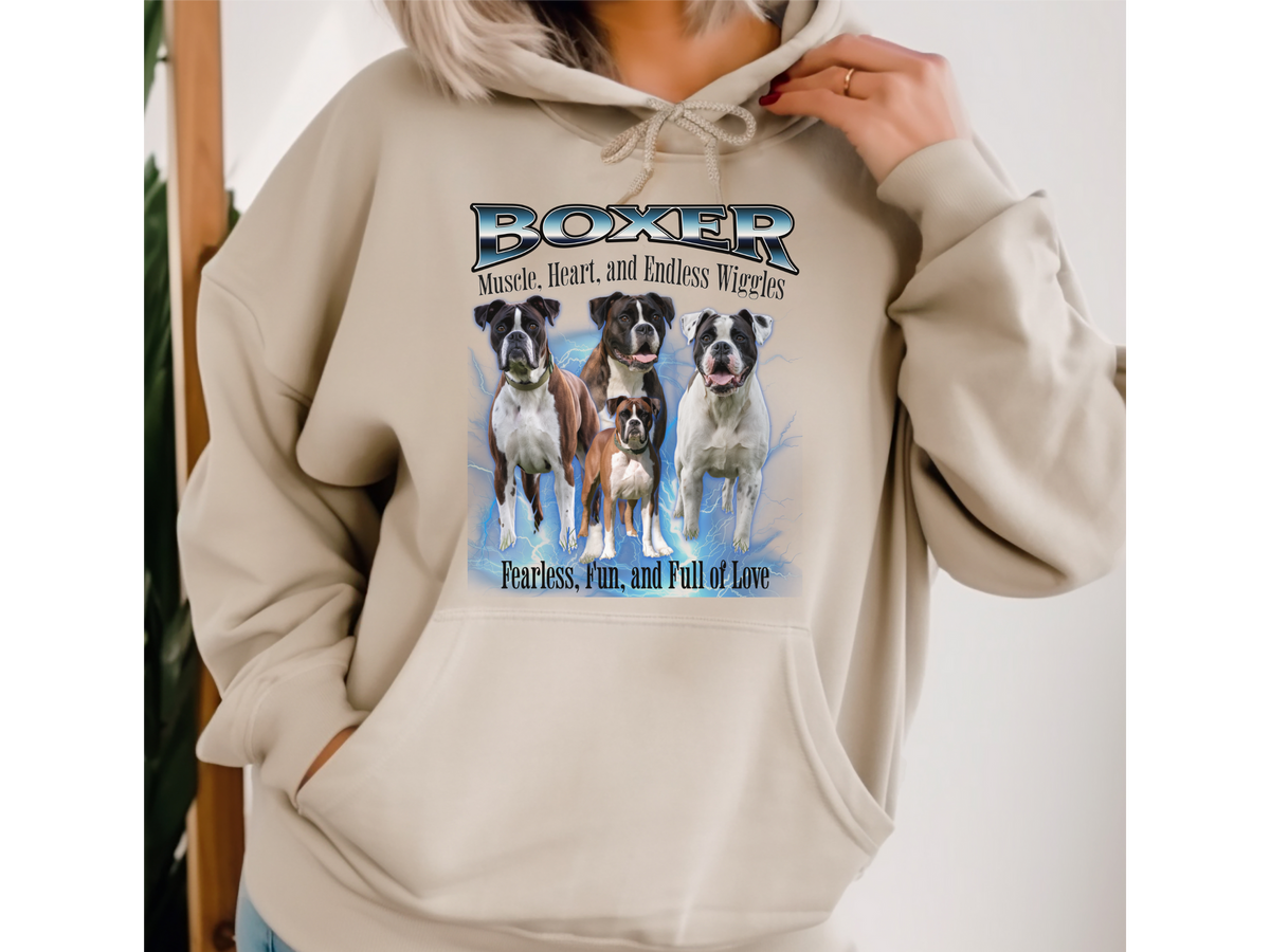 Boxer Bootleg Collage Hoodie – Muscle, Heart, and Endless Wiggles | Unisex Dog Lover Pullover