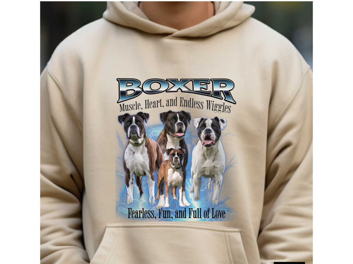Boxer Bootleg Collage Hoodie – Muscle, Heart, and Endless Wiggles | Unisex Dog Lover Pullover