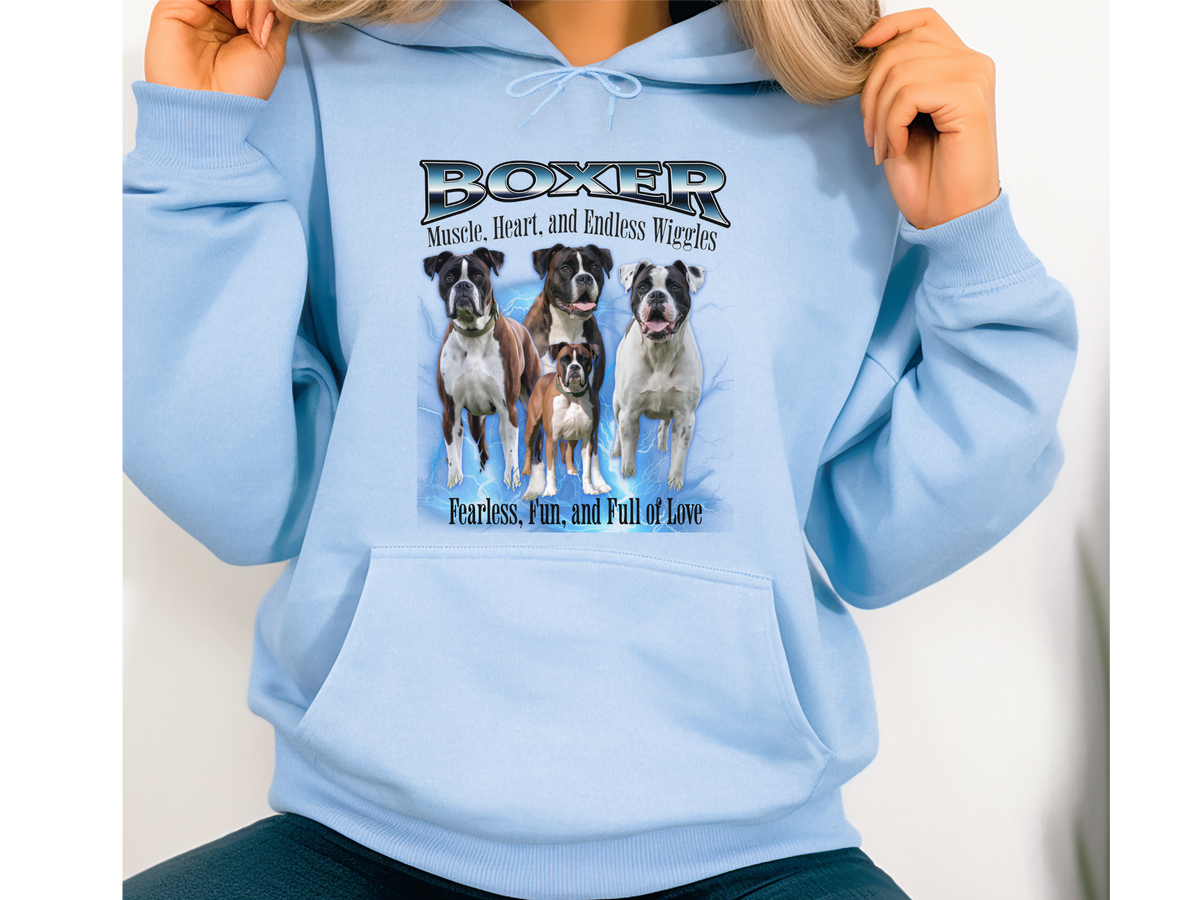 Boxer Bootleg Collage Hoodie – Muscle, Heart, and Endless Wiggles | Unisex Dog Lover Pullover