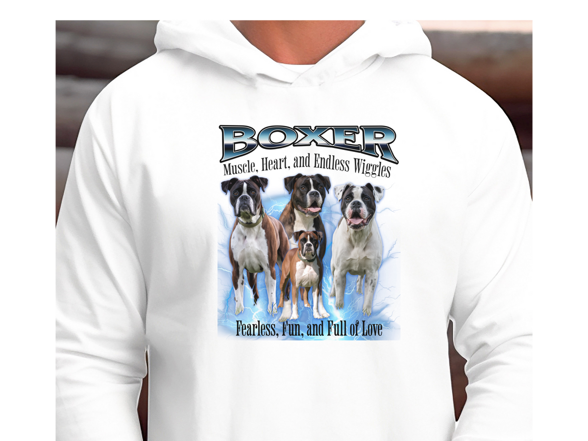 Boxer Bootleg Collage Hoodie – Muscle, Heart, and Endless Wiggles | Unisex Dog Lover Pullover