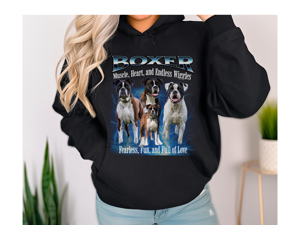 Boxer Bootleg Collage Hoodie – Muscle, Heart, and Endless Wiggles | Unisex Dog Lover Pullover