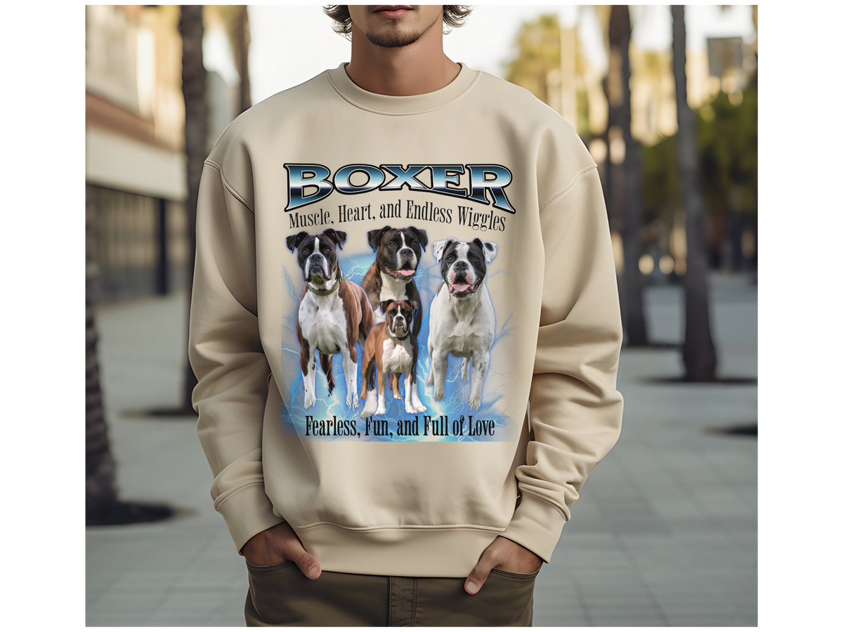 Boxer Bootleg Collage Sweatshirt – Muscle, Heart, and Endless Wiggles | Unisex Dog Lover Pullover