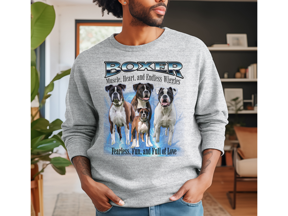 Boxer Bootleg Collage Sweatshirt – Muscle, Heart, and Endless Wiggles | Unisex Dog Lover Pullover