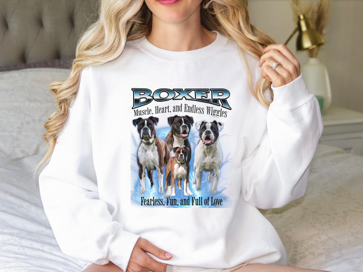 Boxer Bootleg Collage Sweatshirt – Muscle, Heart, and Endless Wiggles | Unisex Dog Lover Pullover