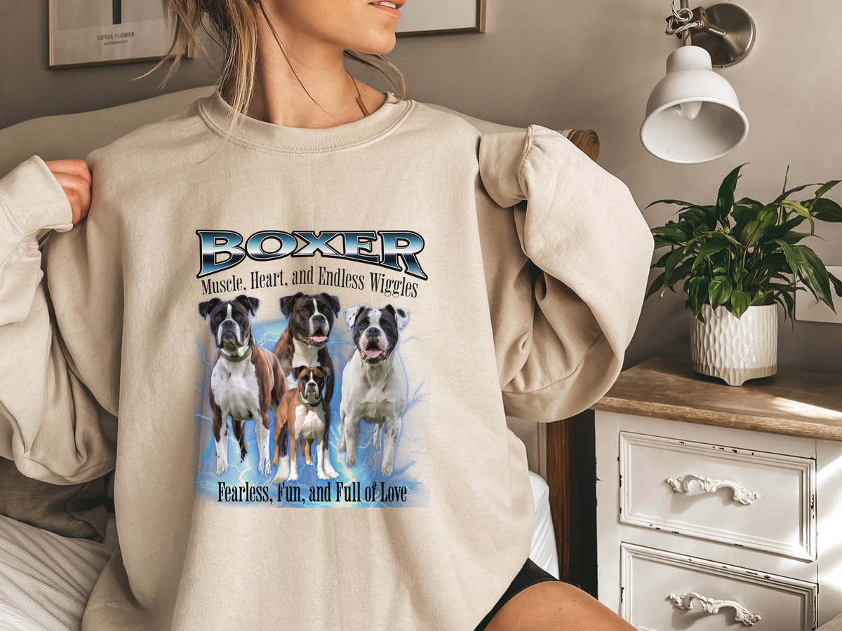 Boxer Bootleg Collage Sweatshirt – Muscle, Heart, and Endless Wiggles | Unisex Dog Lover Pullover
