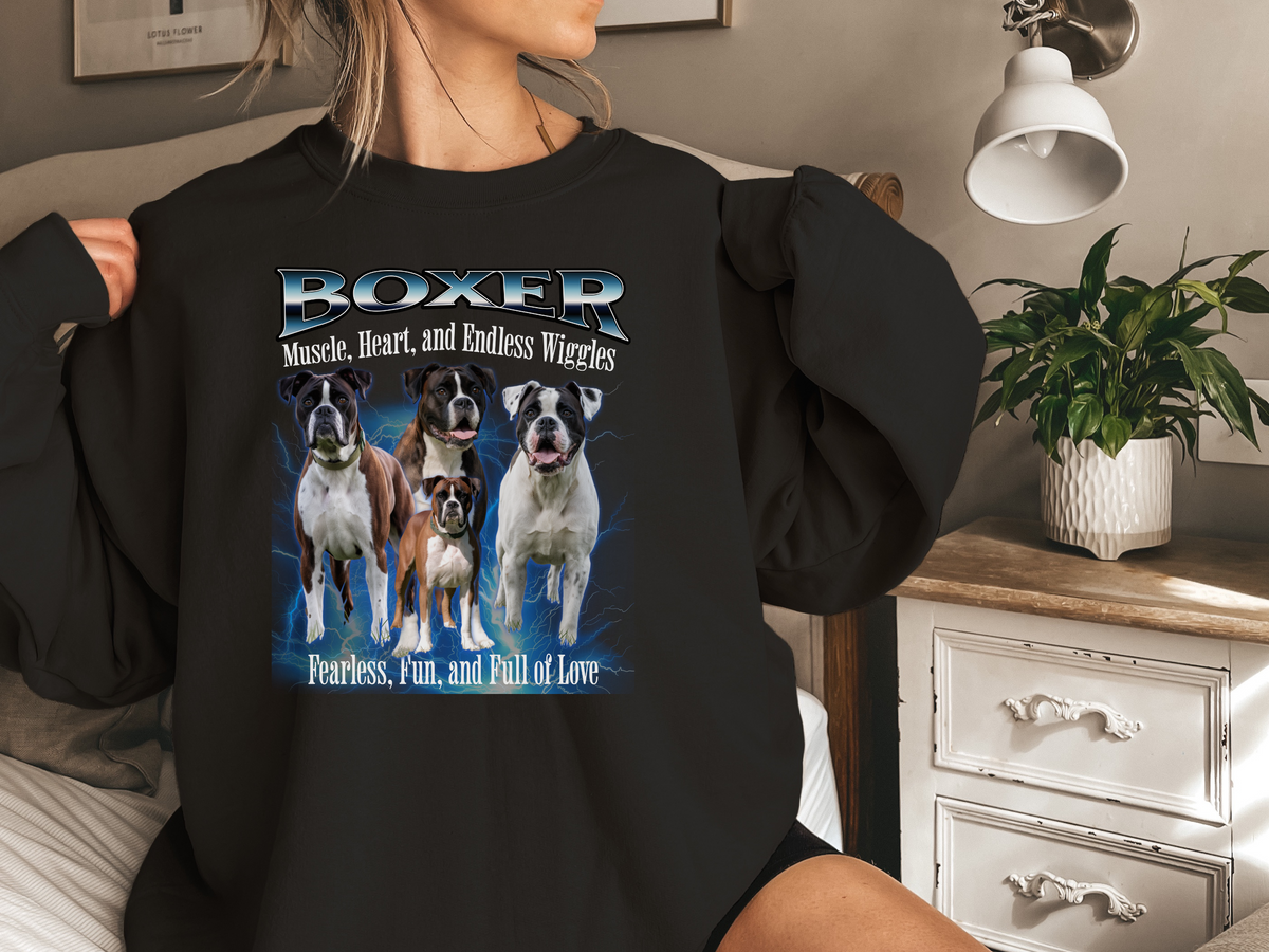 Boxer Bootleg Collage Sweatshirt – Muscle, Heart, and Endless Wiggles | Unisex Dog Lover Pullover