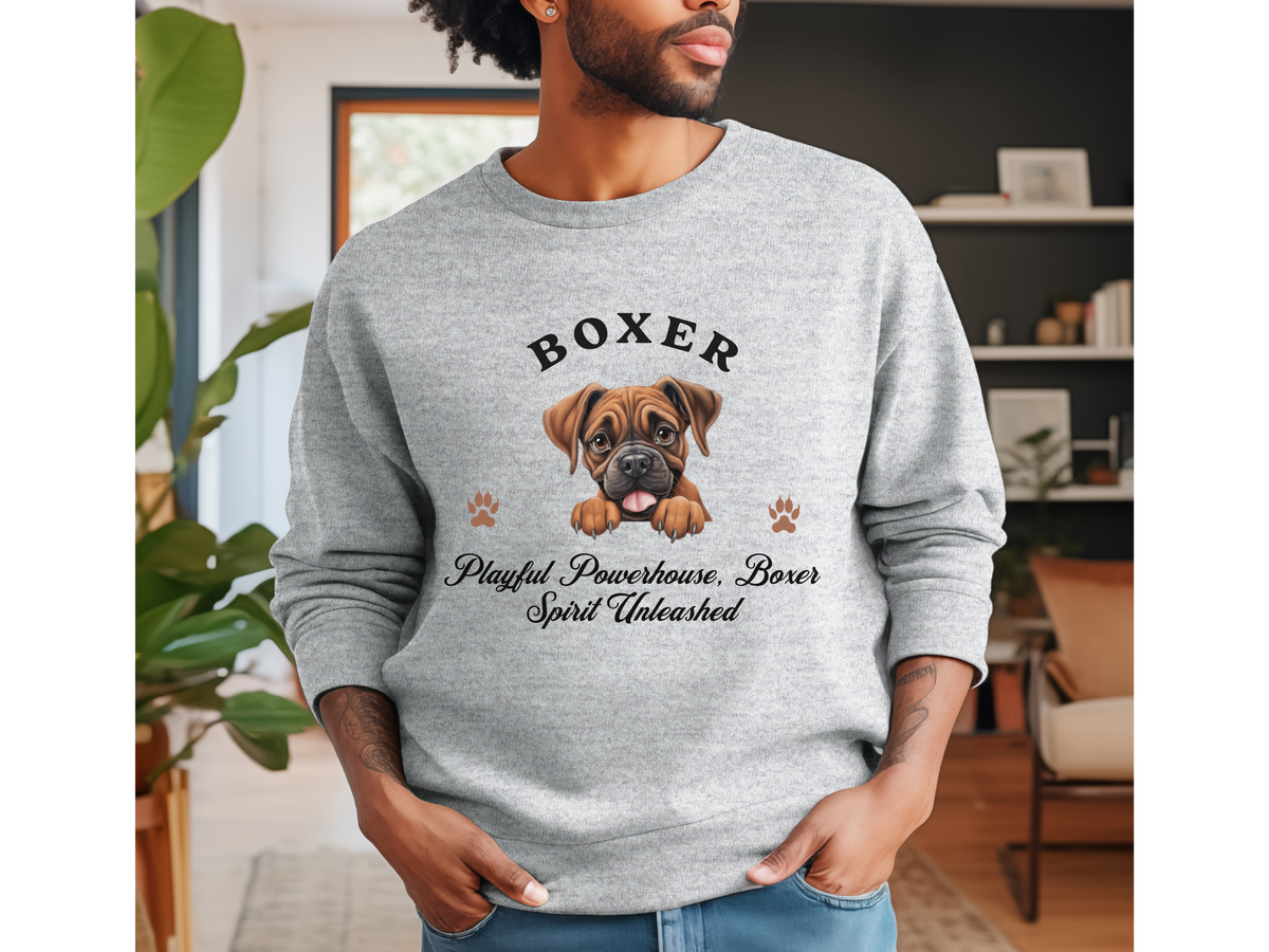 Boxer Dog Sweatshirt – Playful Powerhouse, Boxer Spirit Unleashed – Unisex Dog Lover Apparel
