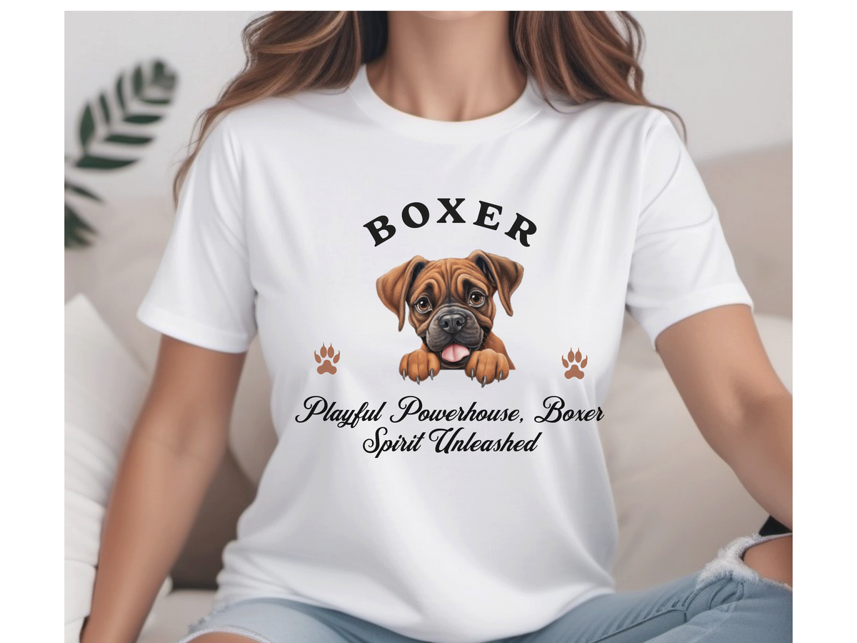 Boxer Dog T-Shirt – Unisex Tee with “Playful Powerhouse, Boxer Spirit Unleashed” Slogan | Energetic Dog Lover Gift