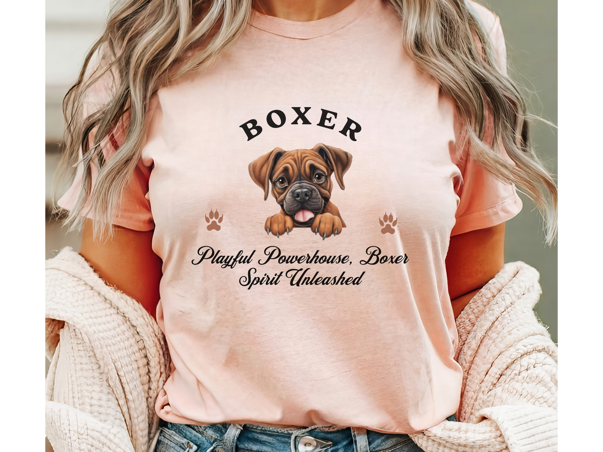 Boxer Dog T-Shirt – Unisex Tee with “Playful Powerhouse, Boxer Spirit Unleashed” Slogan | Energetic Dog Lover Gift