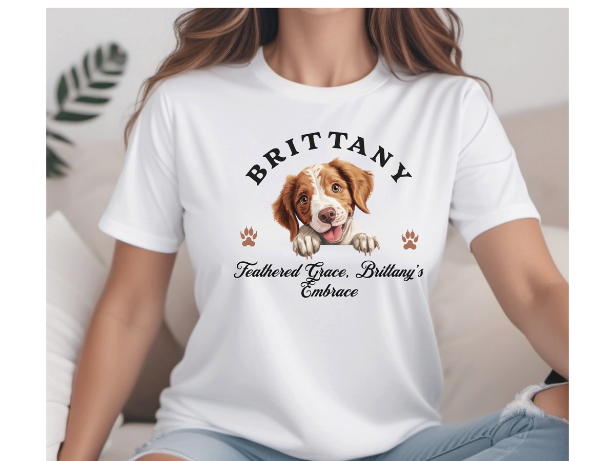 Brittany Spaniel T-Shirt – Unisex Tee with “Feathered Grace, Brittany’s Embrace” Slogan | Elegant Bird Dog Lover Gift