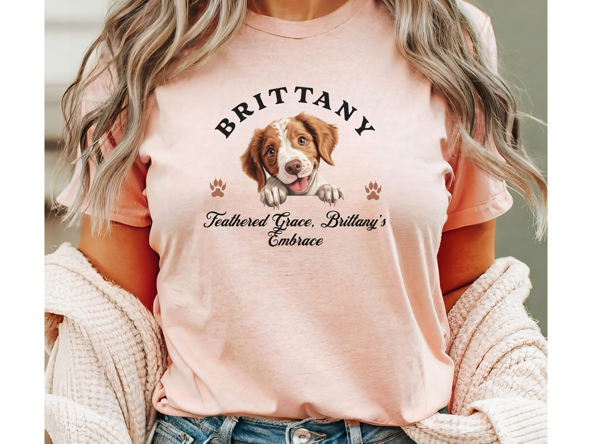 Brittany Spaniel T-Shirt – Unisex Tee with “Feathered Grace, Brittany’s Embrace” Slogan | Elegant Bird Dog Lover Gift