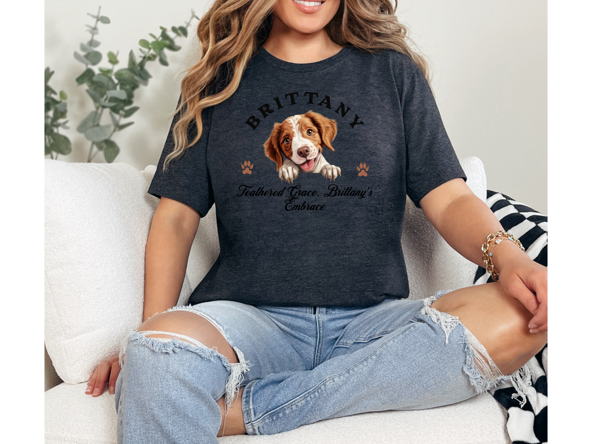 Brittany Spaniel T-Shirt – Unisex Tee with “Feathered Grace, Brittany’s Embrace” Slogan | Elegant Bird Dog Lover Gift