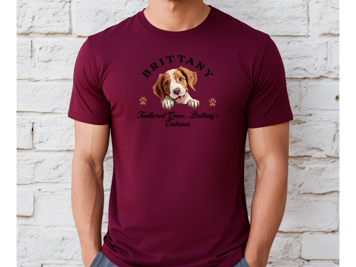 Brittany Spaniel T-Shirt – Unisex Tee with “Feathered Grace, Brittany’s Embrace” Slogan | Elegant Bird Dog Lover Gift