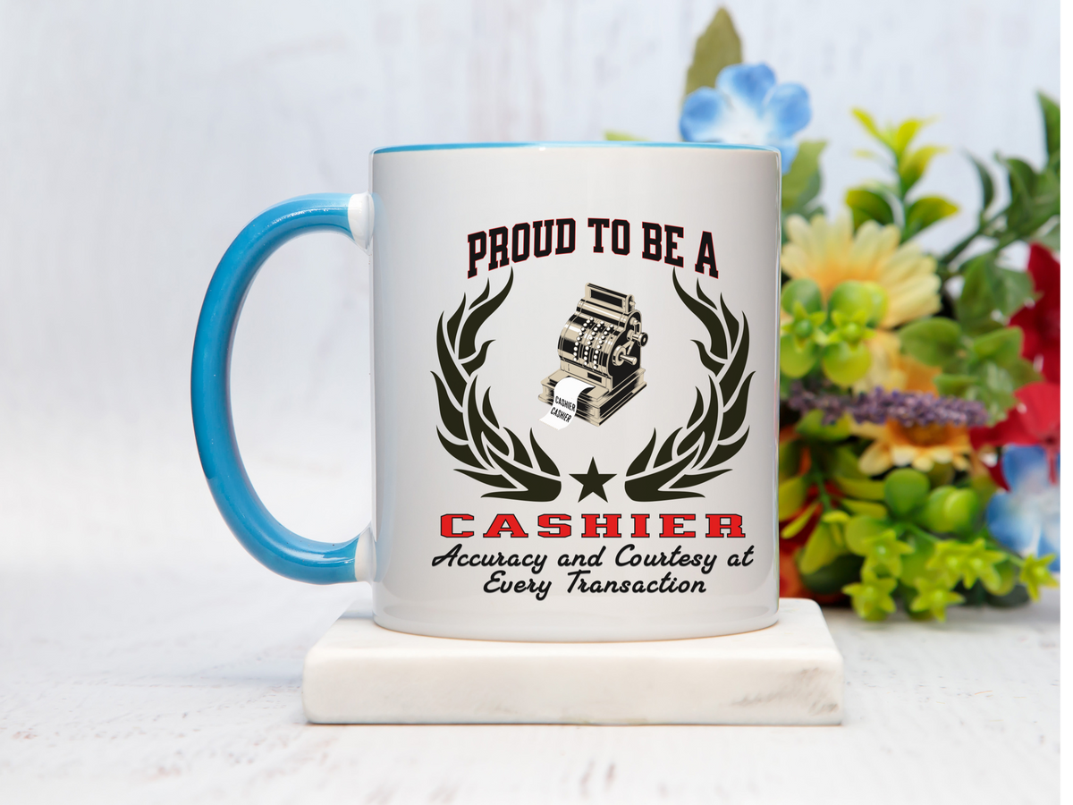 PROUD TO BE A CASHIER Accent Coffee Mug – “Accuracy and Courtesy at Every Transaction” – Appreciation Gift for Retail Workers by New Edge Gifts and Novelties