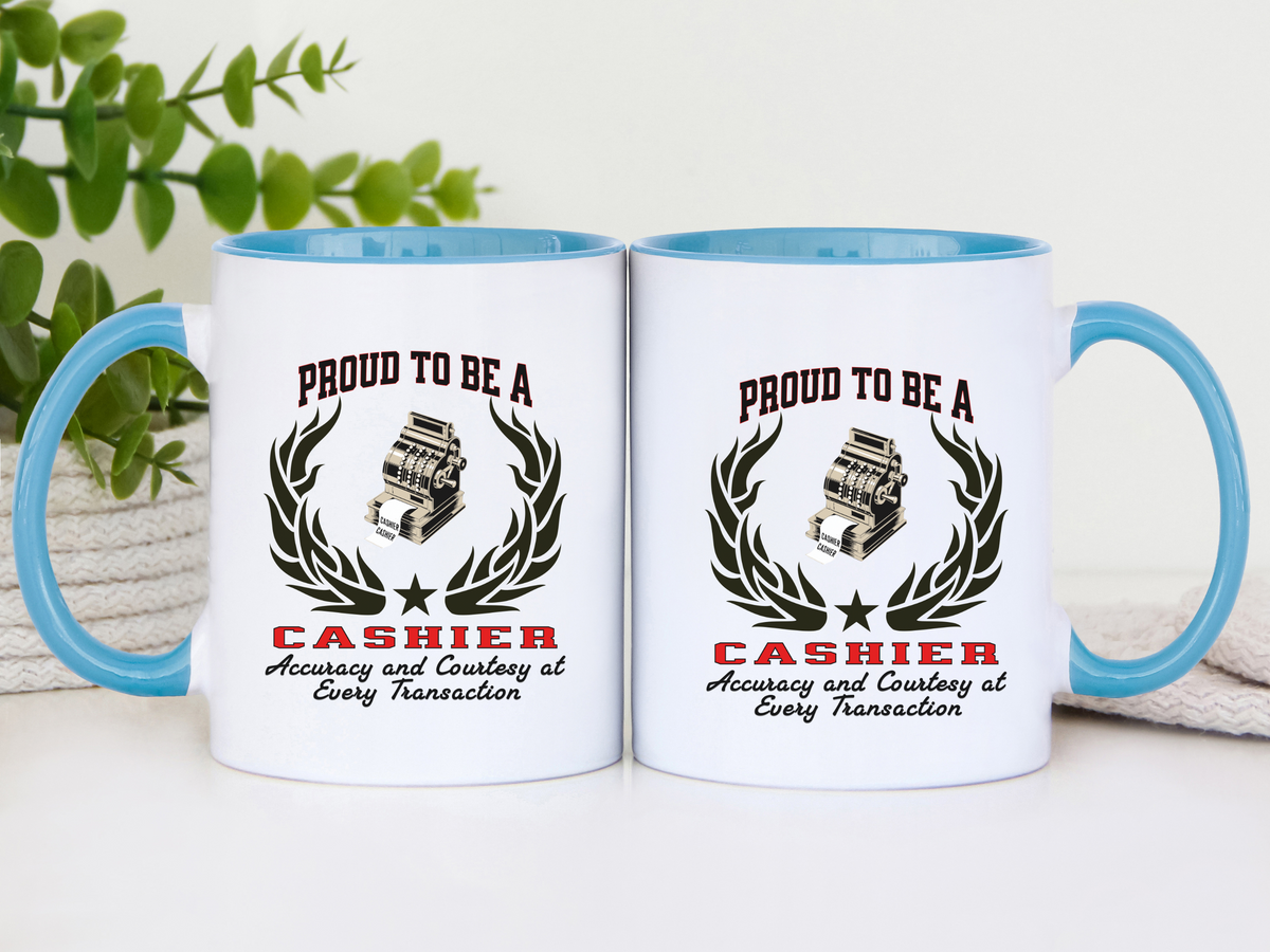 PROUD TO BE A CASHIER Accent Coffee Mug – “Accuracy and Courtesy at Every Transaction” – Appreciation Gift for Retail Workers by New Edge Gifts and Novelties