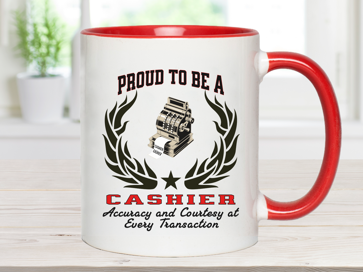 PROUD TO BE A CASHIER Accent Coffee Mug – “Accuracy and Courtesy at Every Transaction” – Appreciation Gift for Retail Workers by New Edge Gifts and Novelties