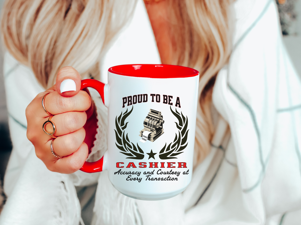 PROUD TO BE A CASHIER Accent Coffee Mug – “Accuracy and Courtesy at Every Transaction” – Appreciation Gift for Retail Workers by New Edge Gifts and Novelties