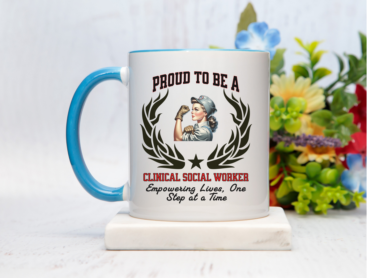 PROUD TO BE A CLINICAL SOCIAL WORKER Accent Coffee Mug – “Empowering Lives, One Step at a Time” – Appreciation Gift by New Edge Gifts and Novelties