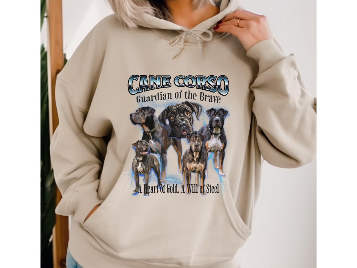 Cane Corso Bootleg Collage Hoodie – Guardian of the Brave | Unisex Dog Lover Pullover