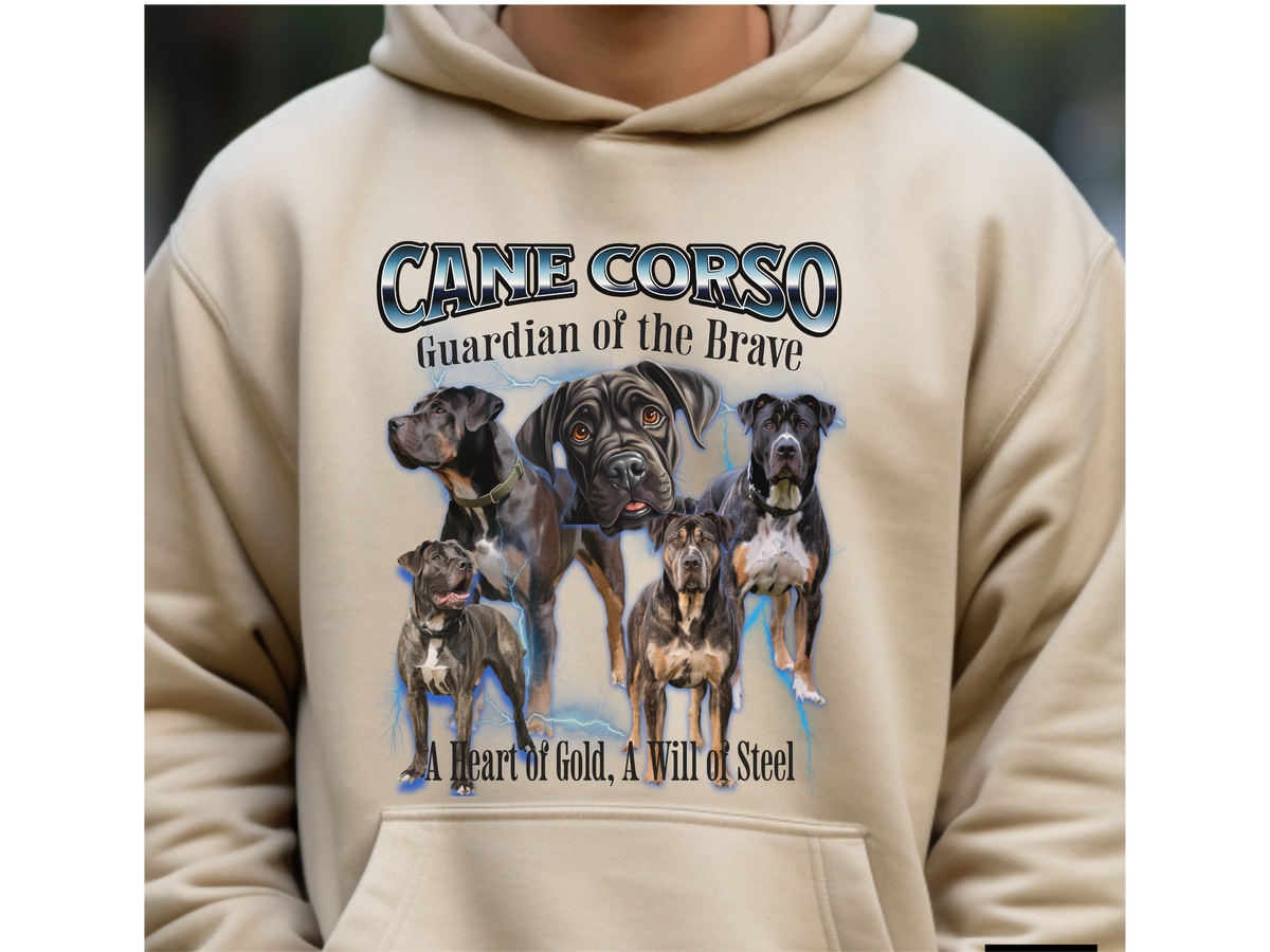 Cane Corso Bootleg Collage Hoodie – Guardian of the Brave | Unisex Dog Lover Pullover