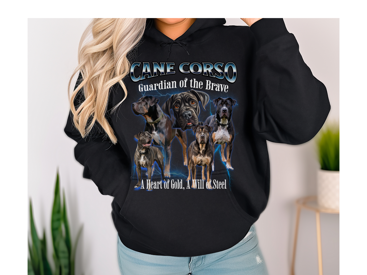 Cane Corso Bootleg Collage Hoodie – Guardian of the Brave | Unisex Dog Lover Pullover