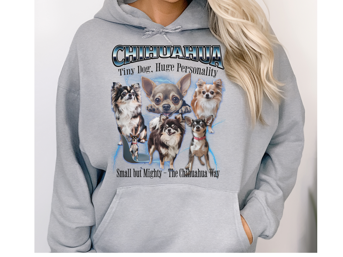 Chihuahua Bootleg Collage Hoodie – Tiny Dog, Huge Personality | Unisex Dog Lover Pullover