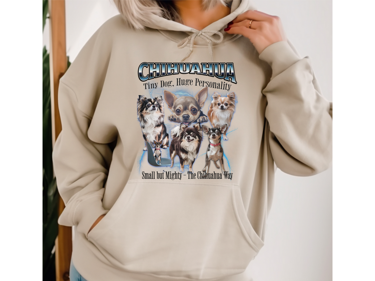 Chihuahua Bootleg Collage Hoodie – Tiny Dog, Huge Personality | Unisex Dog Lover Pullover