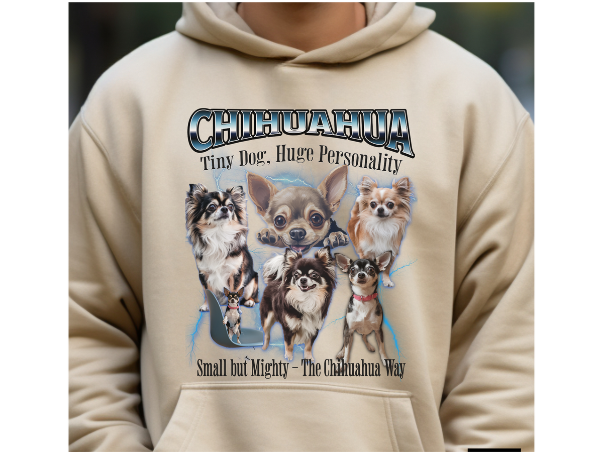 Chihuahua Bootleg Collage Hoodie – Tiny Dog, Huge Personality | Unisex Dog Lover Pullover