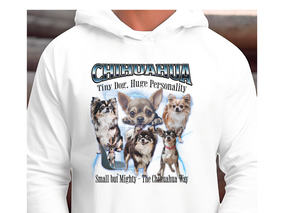 Chihuahua Bootleg Collage Hoodie – Tiny Dog, Huge Personality | Unisex Dog Lover Pullover