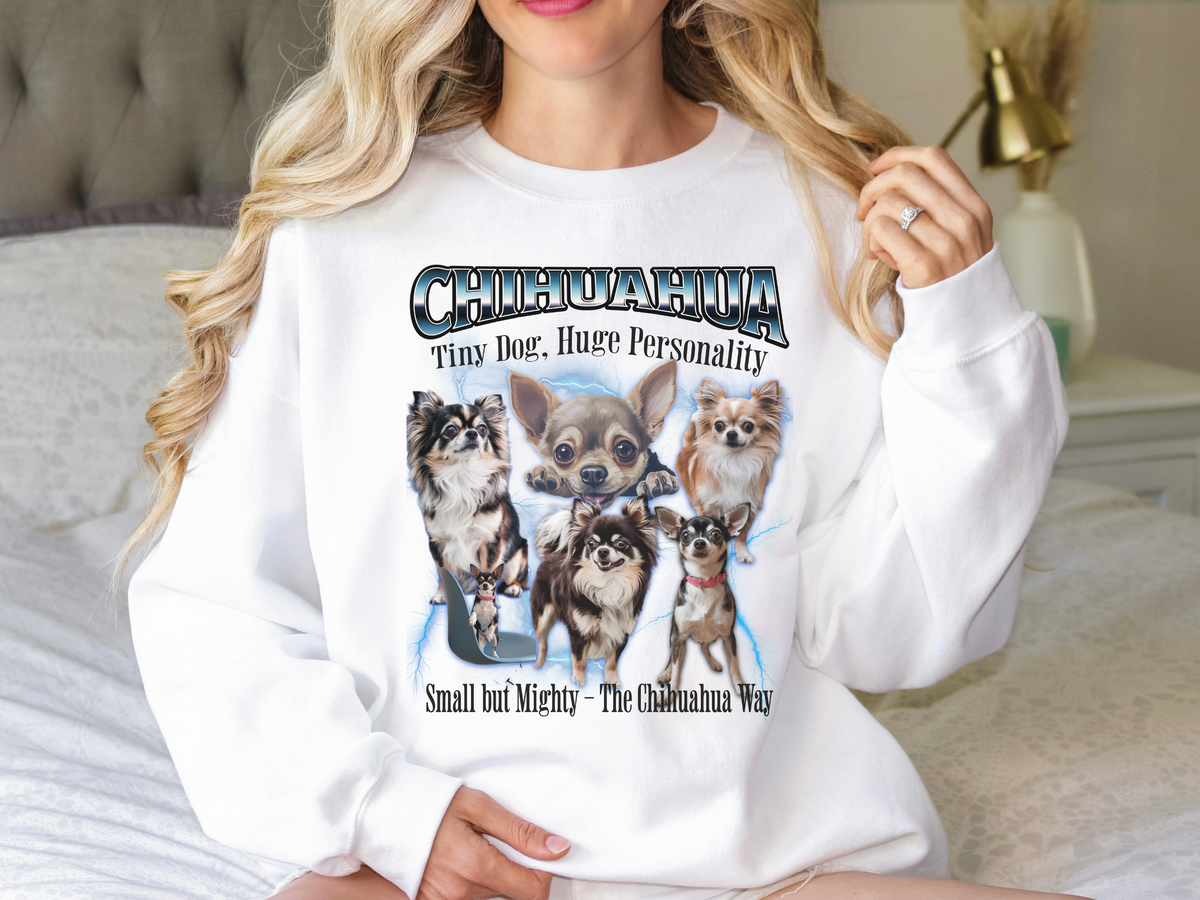 Chihuahua Bootleg Collage Sweatshirt – Tiny Dog, Huge Personality | Unisex Dog Lover Pullover